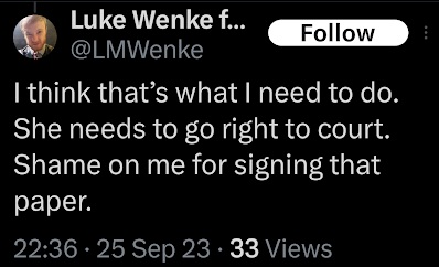 luke wenke threatens to use stalking victim katie in an attempt to force her to talk to him x/twitter screenshot september 2023
