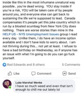 screenshots of a luke wenke self-pitying incel rant during covid