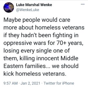 screenshot of a luke wenke x/twitter post saying he wants to assault homeless military veterans
