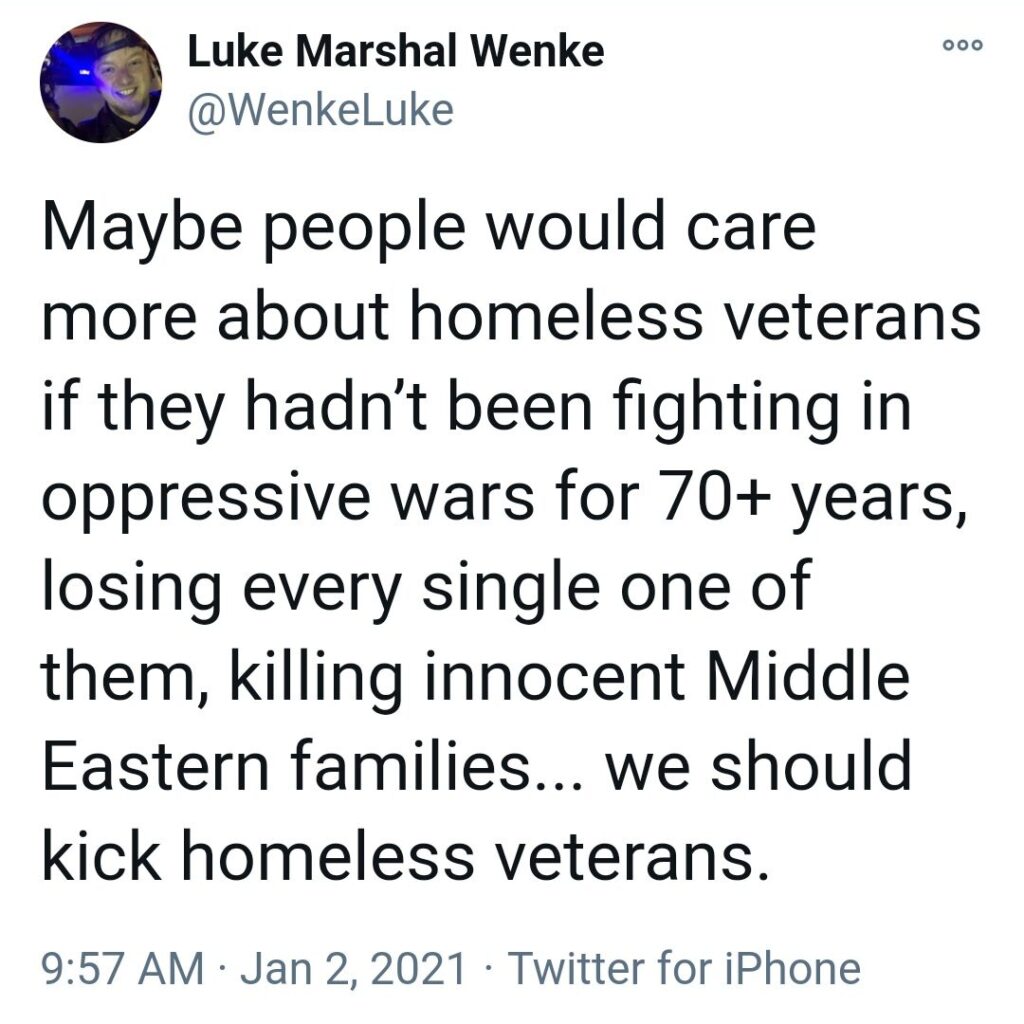 screenshot of a luke wenke x/twitter post saying he wants to assault homeless military veterans
