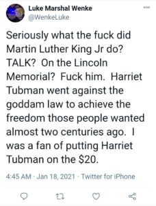 luke wenke racist tweet martin luther king jr harriet tubman screenshot 2021