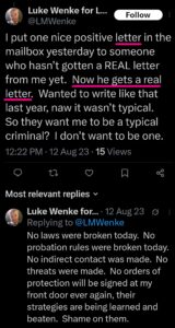 screenshot of an august 2023 luke wenke x/twitter post about his letter sending obsession