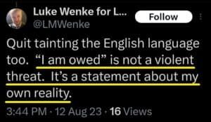 luke wenke x twitter screenshot demands incel 2023