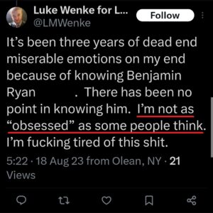 luke wenke x twitter screenshot ryan benjamin teeter obsession 2023