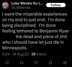 luke wenke x twitter screenshot ryan benjamin teeter obsession 2023