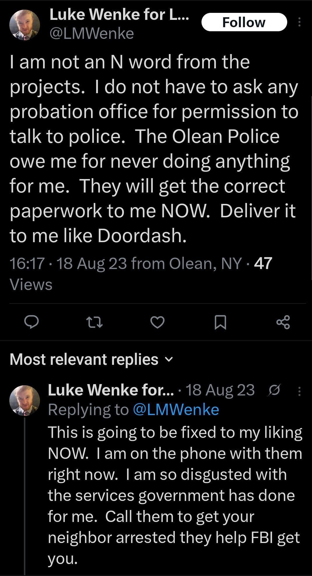 luke wenke racist olean police olean katie obsession twitter x screenshot