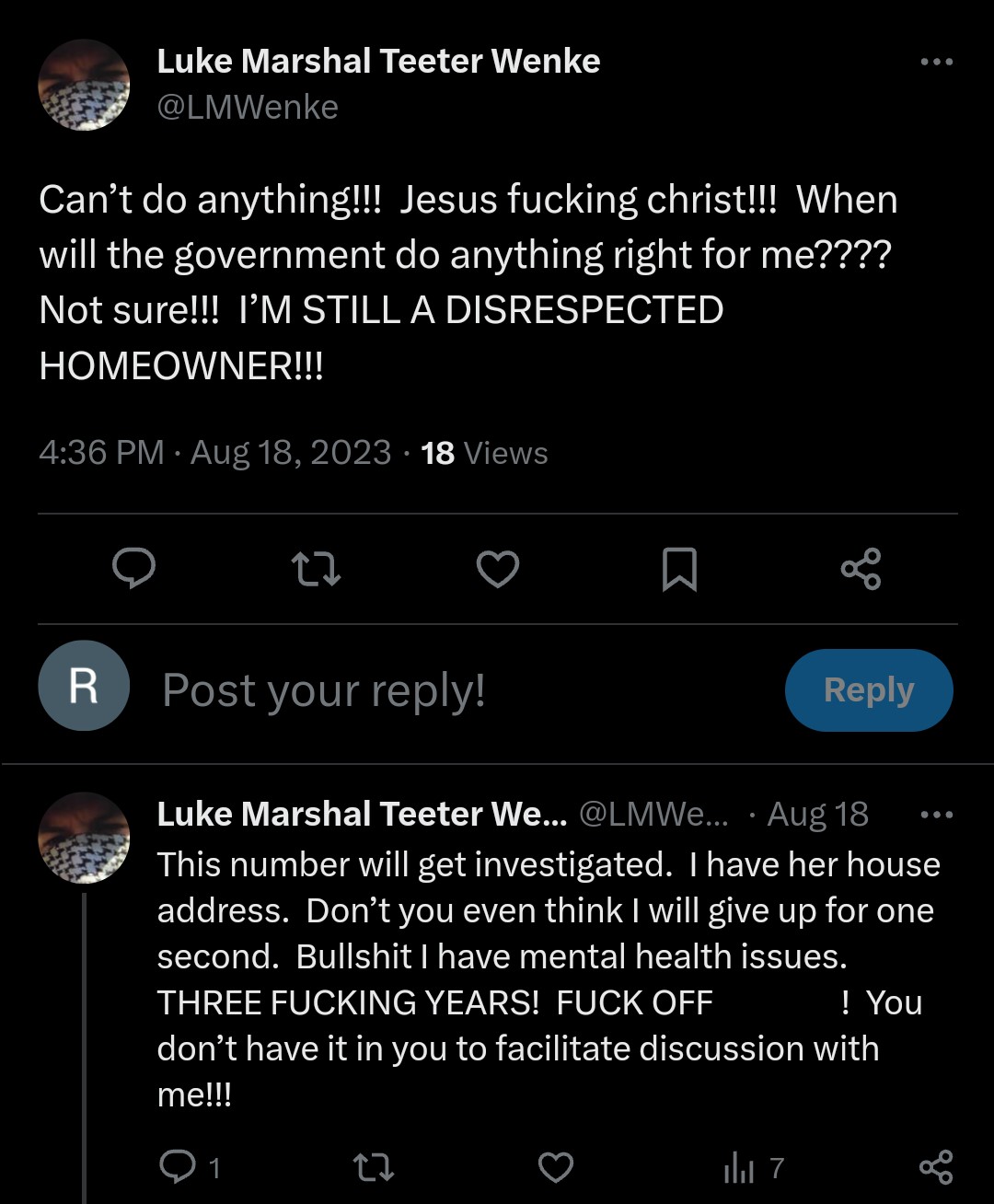 luke wenke x twitter screenshot tantrum demands owed 2023