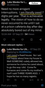 luke wenke twitter screenshot owed demands 2023 x entitled