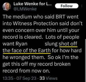 luke wenke x twitter screenshot benjamin ryan teeter obsession death threat 2023