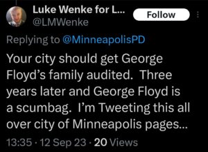 luke wenke racist george floyd tweet x twitter screenshot 2023