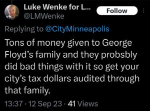 luke wenke racist george floyd tweet x twitter screenshot 2023
