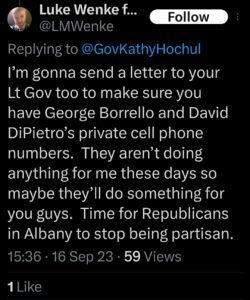 luke wenke x twitter screenshot kathy hochul letter writing obsession 2023