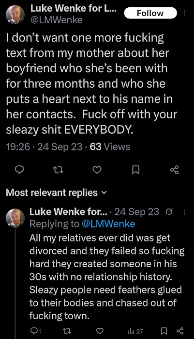 screenshot of a september 2023 luke wenke x/twitter post acting jealous of his mother's boyfriend