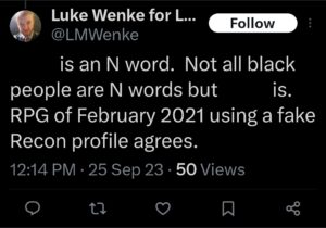 luke wenke x twitter screenshot racist tweet n word 2023