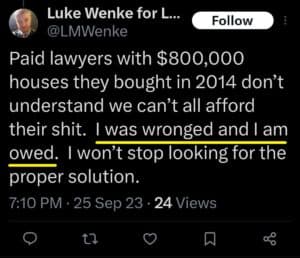 luke wenke x twitter screnshot demands owed 2023