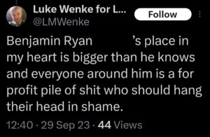 Luke Wenke x twitter screenshot benjamin ryan teeter obsession 2023