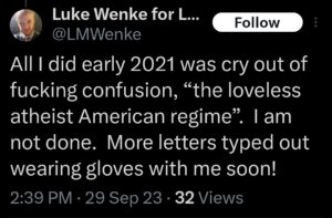 luke wenke x twitter screenshot letter writing obsession 2023