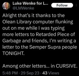 luke wenke x twitter screenshot letter writing obsession 2023