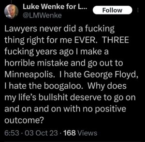 luke wenke x twitter screenshot self-pity incel talk 2023