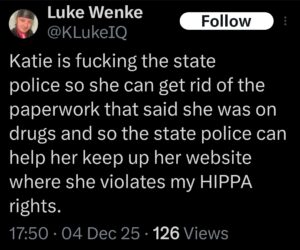 luke wenke katie obsession x twitter screenshot 2025 false allegations