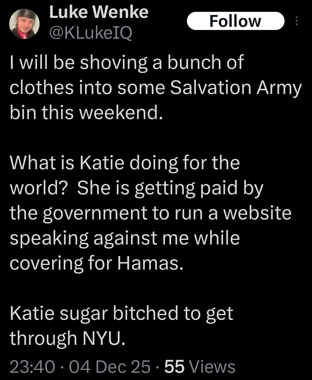 screenshot of a 2025 luke wenke x/twitter post falsely accusing stalking victim of conspiracy and terrorism