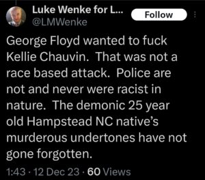 screenshot of a racist x/twitter post by Luke Wenke denying racism