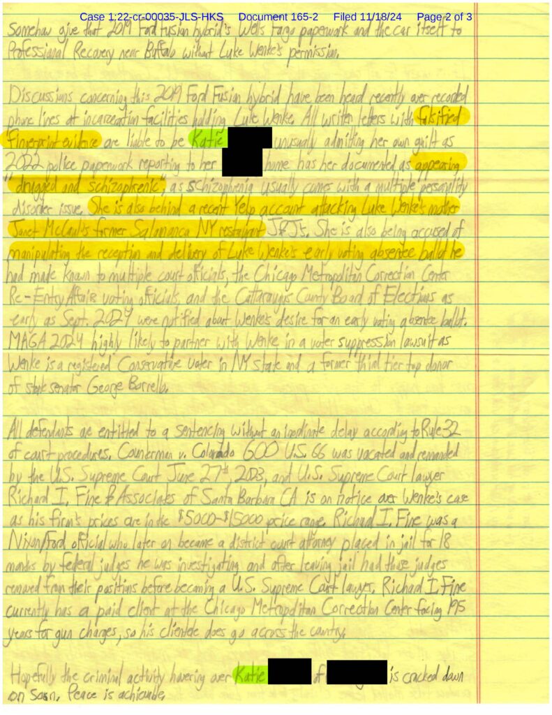 A letter from Luke Wenke to the Honorable Richard J. Arcara; 11/18/2024.
