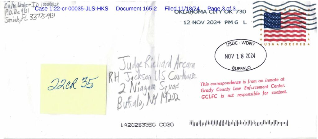 A letter from Luke Wenke to the Honorable Richard J. Arcara; 11/18/2024.