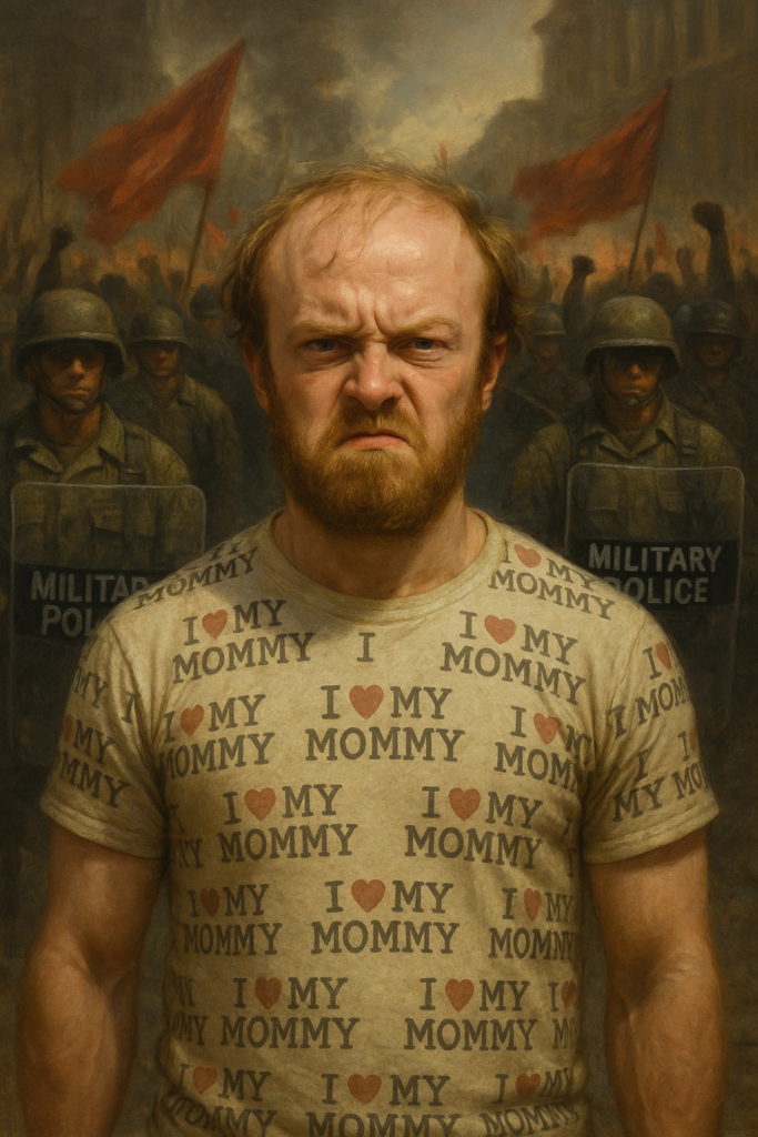 angry balding white man in an "I