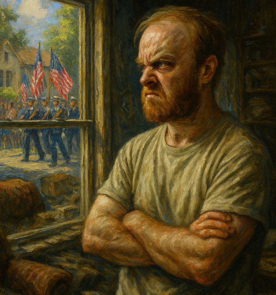not luke wenke angry balding bearded white man white t-shirt staring out window at patriotic parade