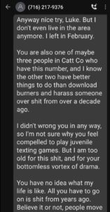 victims response to a harassing text message from cyberstalker luke wenke from the spring of 2021