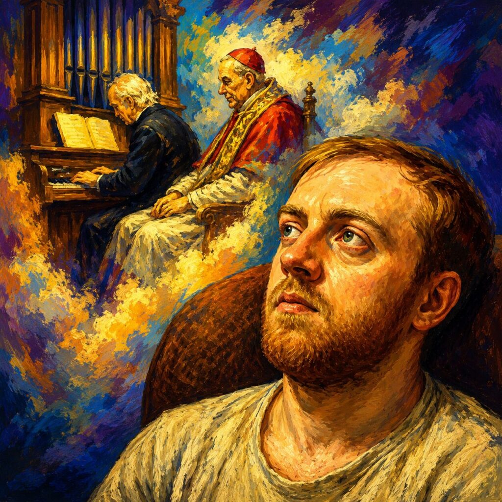 30-SOMETHING CAUCASIAN MAN DAYDREAMING ABOUT AN OLD MAN PLAYING THE ORGAN FOR THE POPE