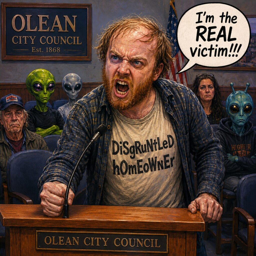 a painterly image depicting an angry 30-something white man throwing a temper tantrum at an olean city council meeting