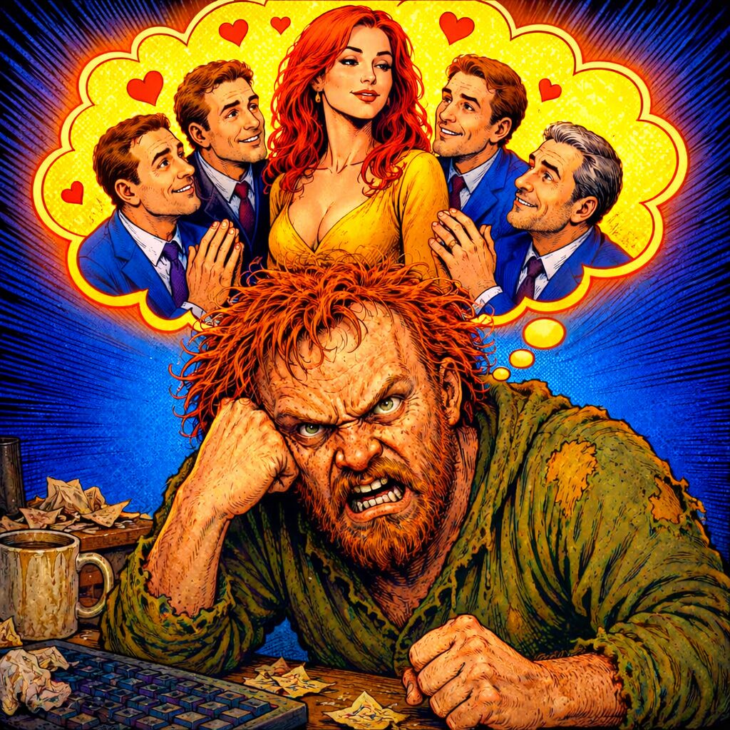 an angry redhaired white man fantasizing about his stalking victim sleeping with married men