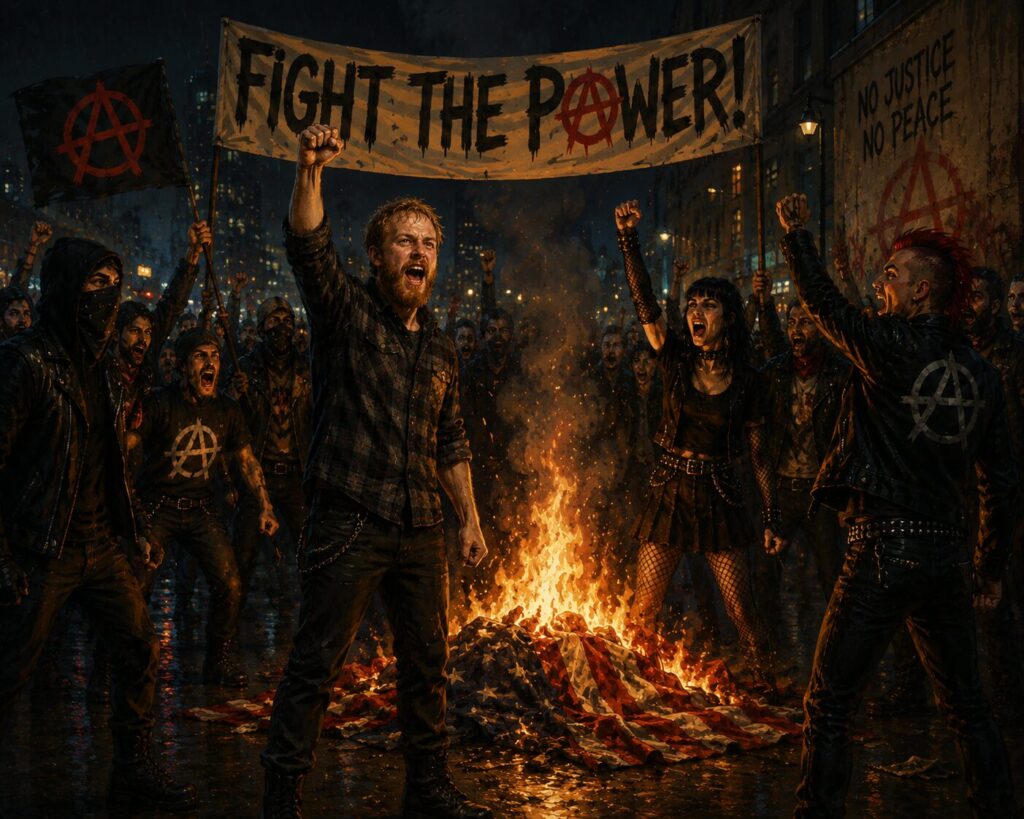 a painterly image of a group of anarchists protesting and burning things in the street