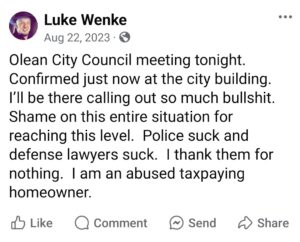 luke wenke facebook screenshot 2023 city council meeting demands owed olean