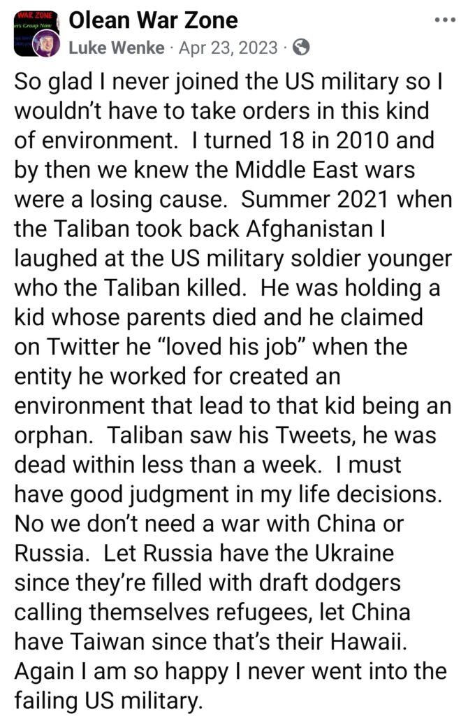 luke wenke says he's glad he never joined the us military and mocks veterans april 2023
