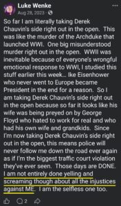 luke wenke facebook screenshot racist derek chauvin george floyd owed demands 2023