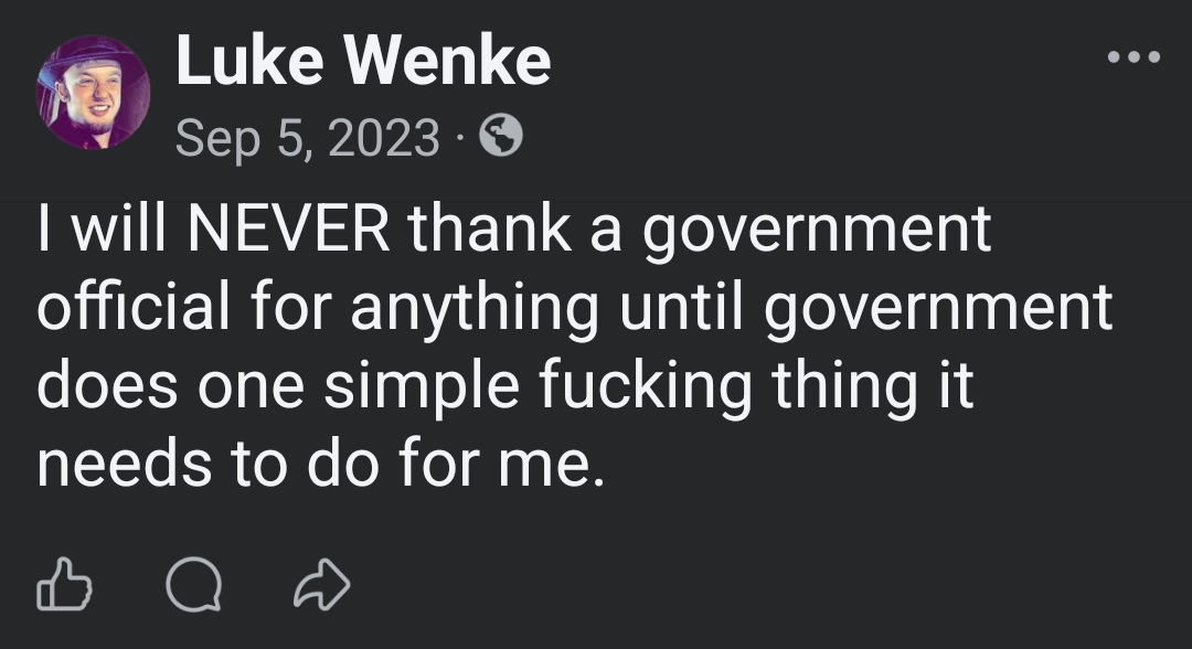 luke wenke says he will never thank the us government and makes demands september 2023