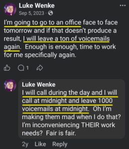 luke wenke facebook screenshot threats owed demands unwanted contact harassment 2023