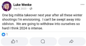 luke wenke facebook screenshot violence war guns predictions 2023