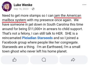 luke wenke facebook screenshot letter writing obsession 2023