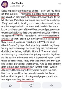 luke wenke facebook screenshot grandiose delusions jealousy 2023