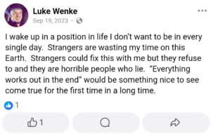 luke wenke facebook screenshot self-pity 2023