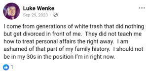 luke wenke facebook screenshot self-pity incel talk 2023