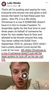 luke wenke facebook screenshot ryan obsession demands owed 2023