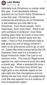 luke wenke facebook screenshot ryan obsession demands owed 2023