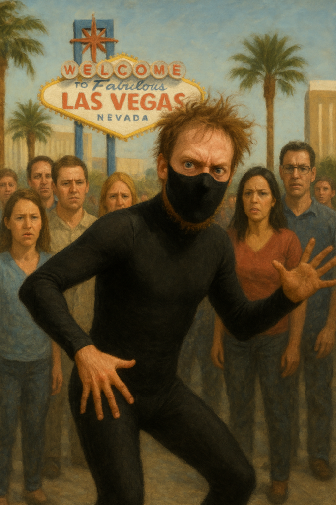 not luke wenke black latex suit vegas street performer disheveled white man crowd
