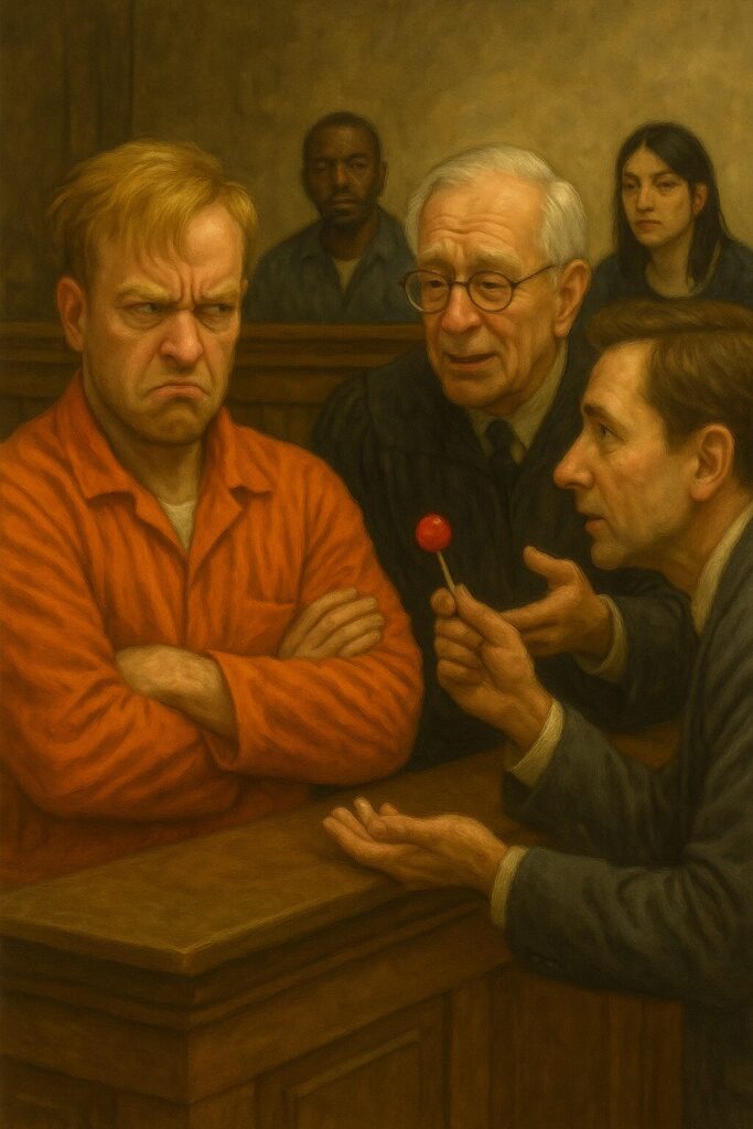 not luke wenke angry white man defendant orange jumpsuit courtroom lollipop defense attorney