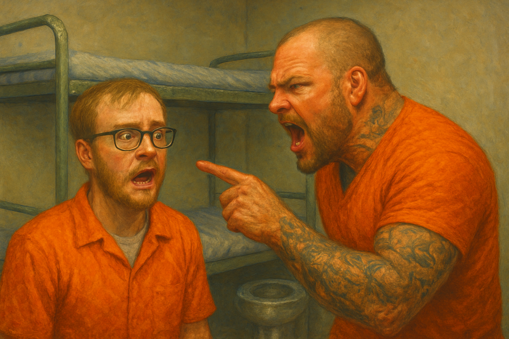 not luke wenke short white male inmate orange jumpsuits glasses intimidation larger inmate pointing finger yelling tattooed